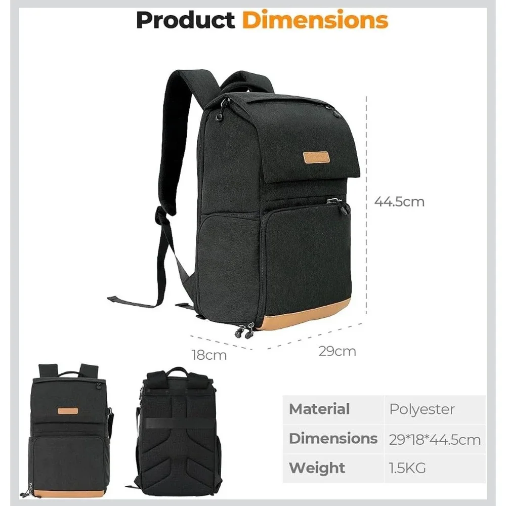 K&F Concept Camera Backpack Unisex 22L Black 15.6 Laptop Tripod Holder New